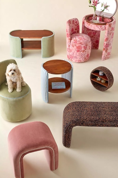 accent chair, side table, vanity stool, accent bench, coffee table, furniture set, new arrival, bestseller push, minimalist, lifestyle, playful, calm, neutral, pink, green